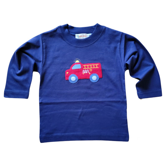 Boy's Long Sleeve Dark Royal Fire Truck Applique T-Shirt