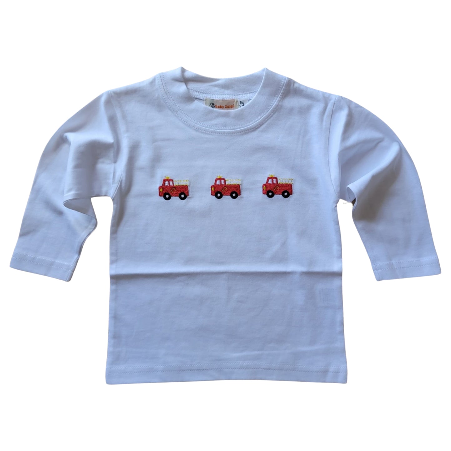 Boy's Long Sleeve Embroidered Fire Trucks T-Shirt