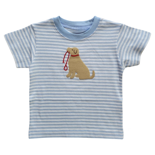 Boy's Short Sleeve Dog Applique Blue Stripe T-Shirt