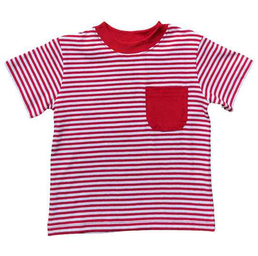 Boy's Short Sleeve Red Stripe T-Shirt with Pocket