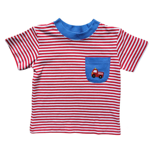 Boy's Short Sleeve Red Stripe & Fire Truck Blue Pocket T-Shirt