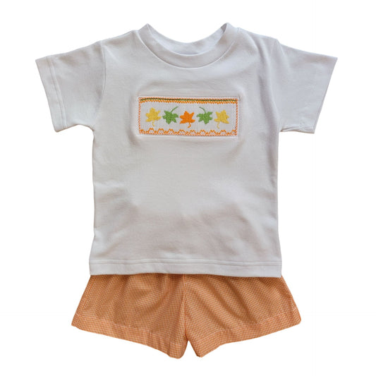 Fall Leaves Smocked Orange Gingham Boy Short Set