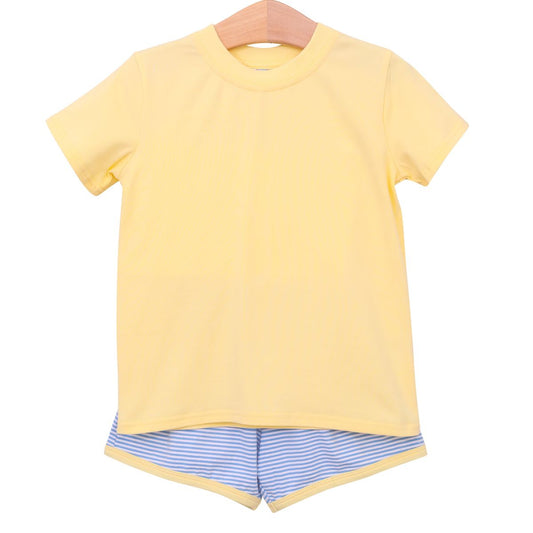 Thomas Short Sleeve Short Set, Yellow & Cornflower Blue Stripe