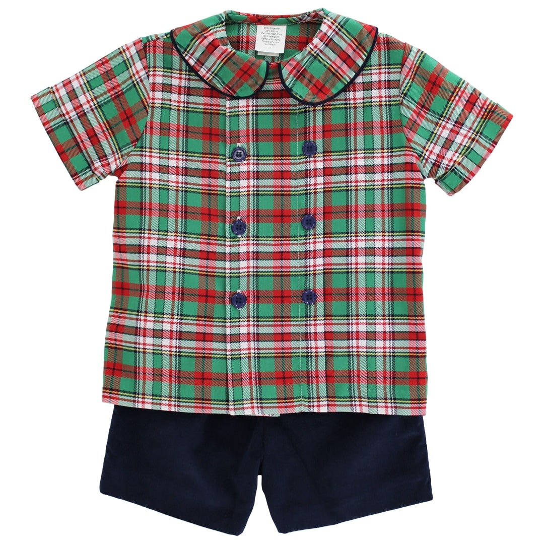 Plaid shirt and navy shorts set on a white background