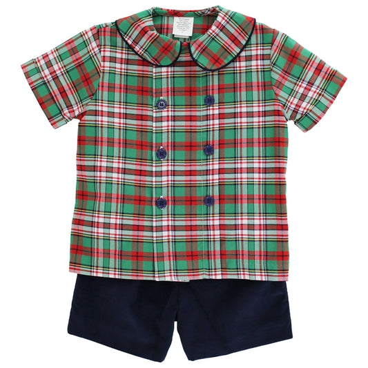 Plaid shirt and navy shorts set on a white background