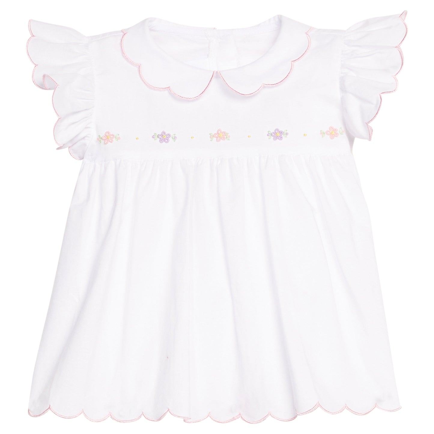 Little English classic tea blouse with pink and purple briarcliff floral embroidery along chest, light pink trim, for little girl 