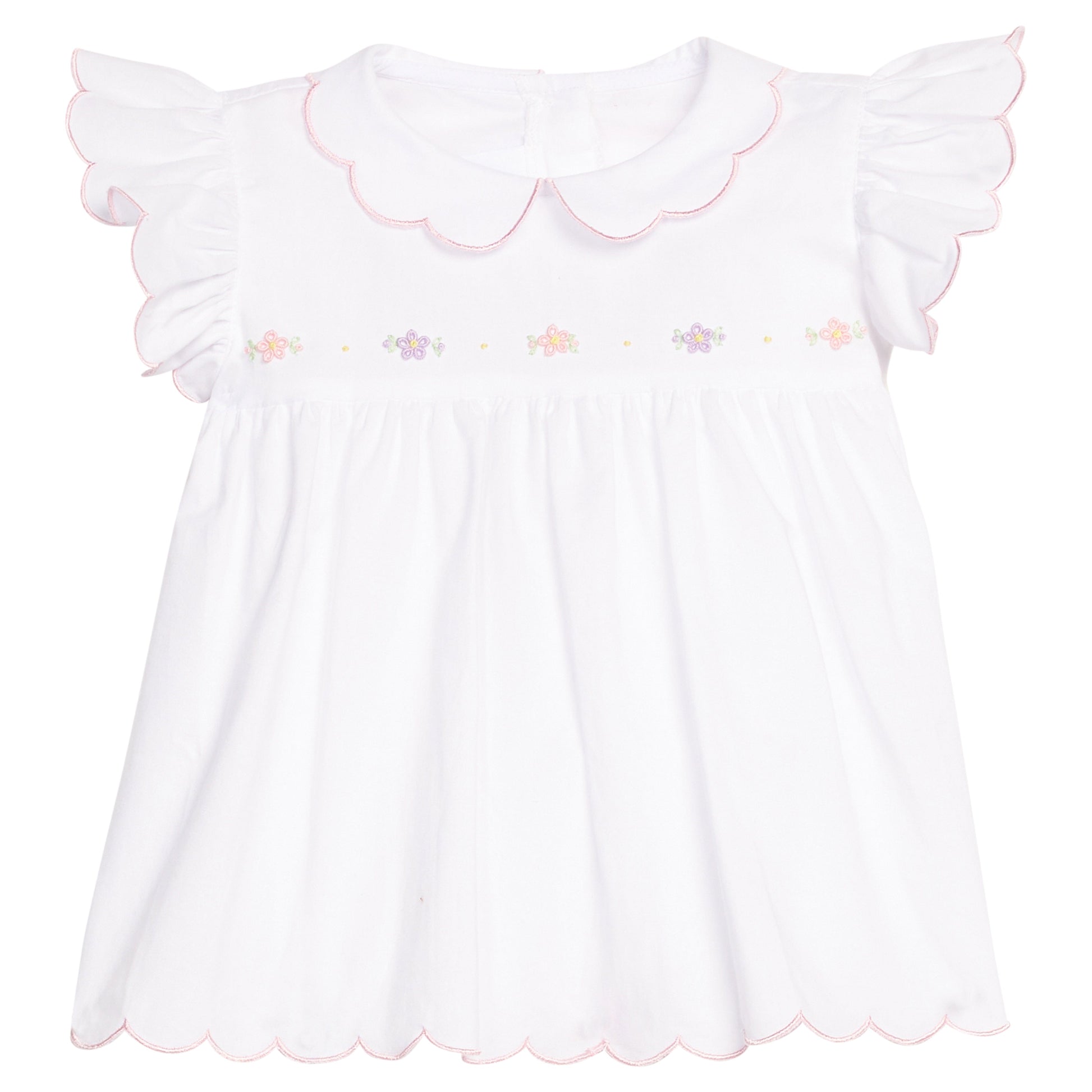 Little English classic tea blouse with pink and purple briarcliff floral embroidery along chest, light pink trim, for little girl 