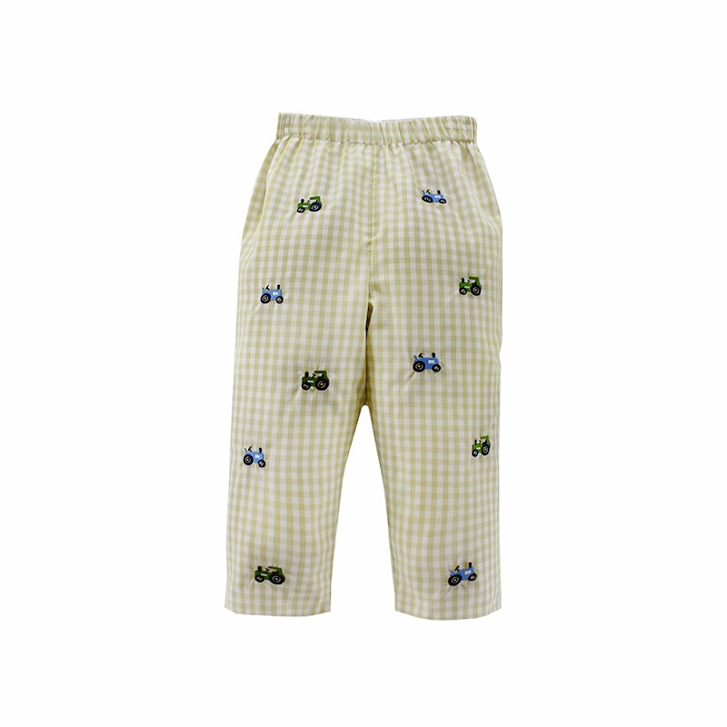 Leo Pants Khaki Gingham Check with Embroidered Tractors