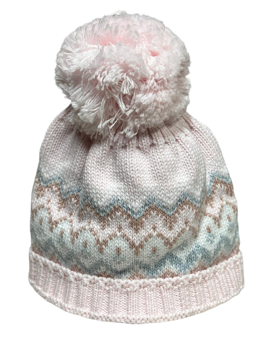 Fair Isle Pink & Lt. Blue Herringbone Toboggan Hat