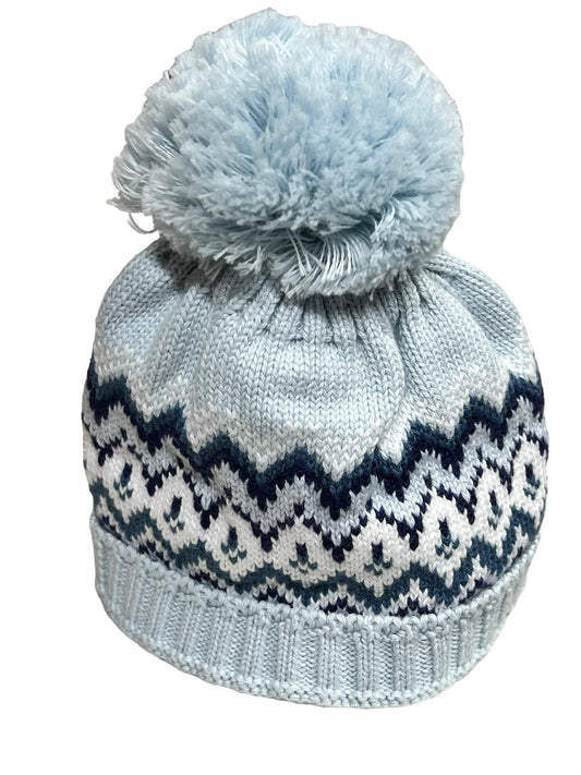 Fair Isle Light Blue & Navy Herringbone Toboggan Hat