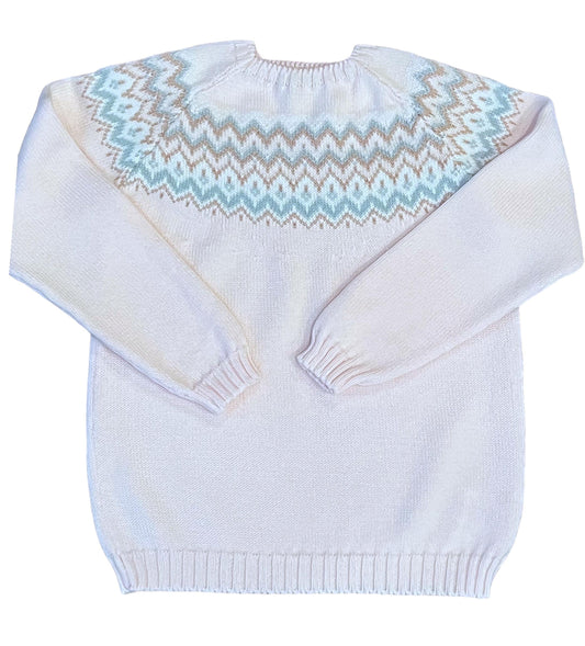 Fair Isle Pink & Lt. Blue Herringbone Crewneck Sweater