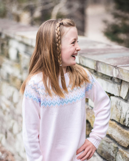 Fair Isle Pink & Lt. Blue Herringbone Crewneck Sweater