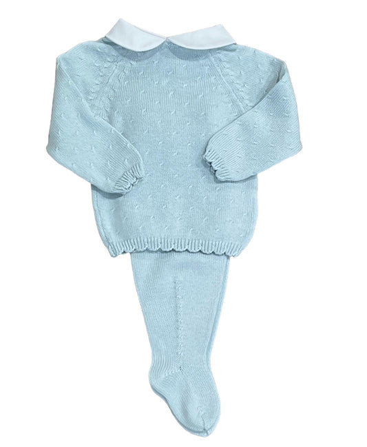 Lt. Blue Diagonal Pattern Collared Sweater & Footed Pant Set