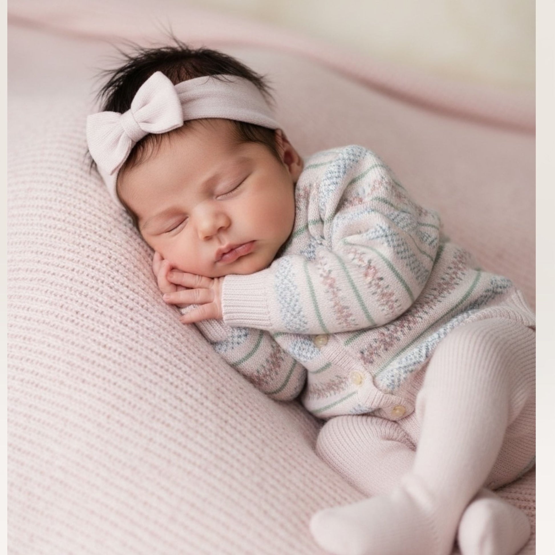 Newborn baby sleeping on a pink blanket wearing a knitted outfit and headband.