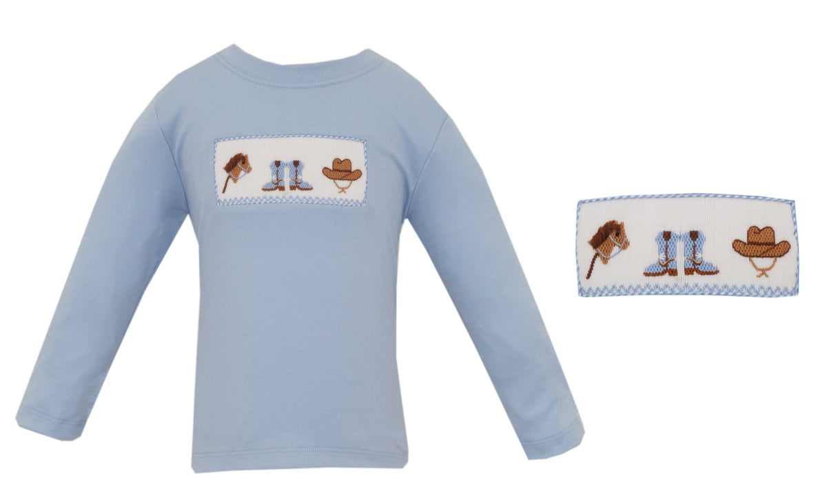 Blue long-sleeve shirt with cowboy-themed designs on a white background