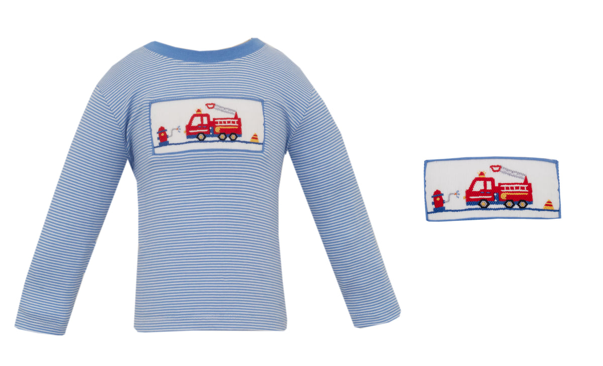 Blue striped long-sleeve shirt with a fire truck design on a white background