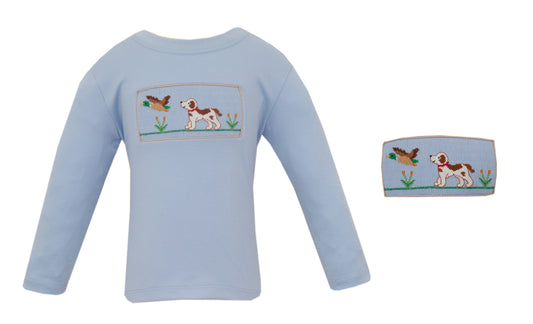 Light blue baby outfit with embroidered design on a white background