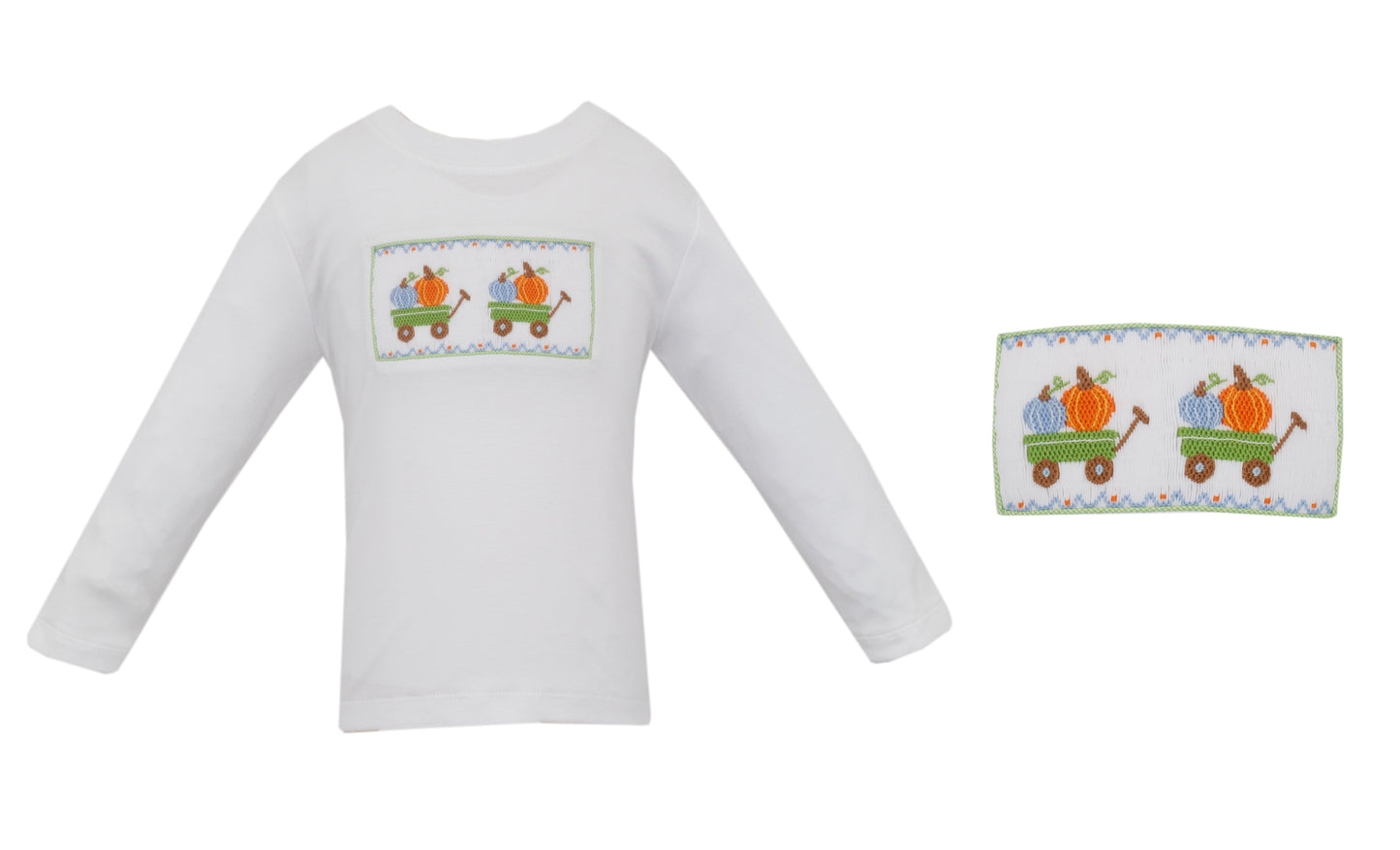 White long-sleeve shirt with embroidered design on a white background