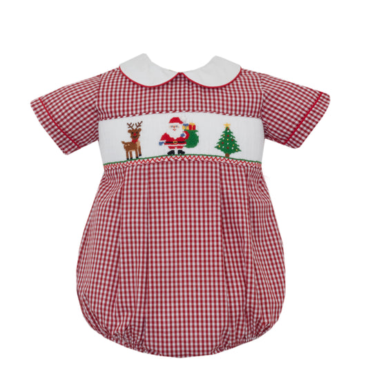 Red and white checkered baby romper with Christmas-themed embroidery on a white background