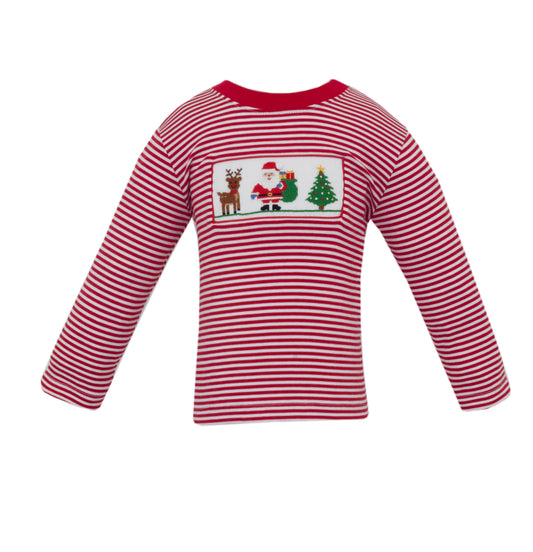 Red and white striped long-sleeve shirt with a Christmas-themed patch on a white background