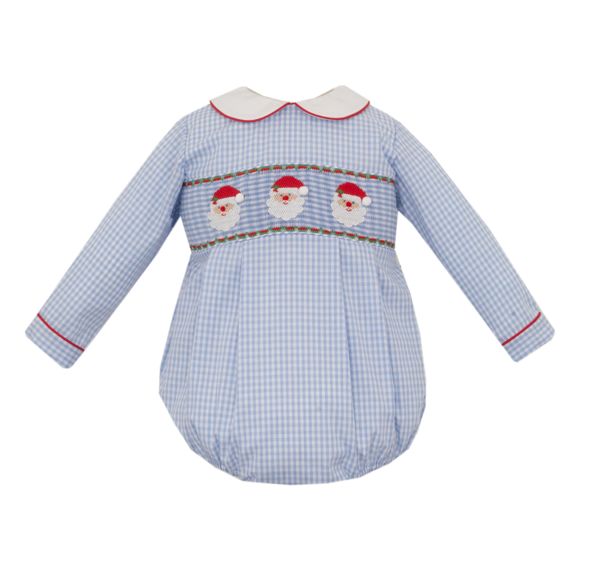 Baby romper with blue checkered pattern and embroidered Santa Claus faces on a white background