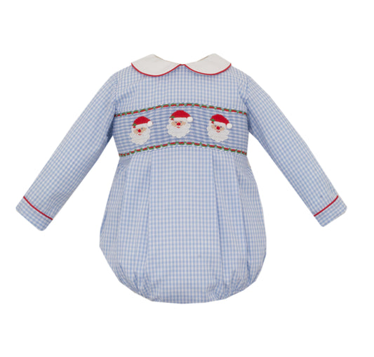 Baby romper with blue checkered pattern and embroidered Santa Claus faces on a white background