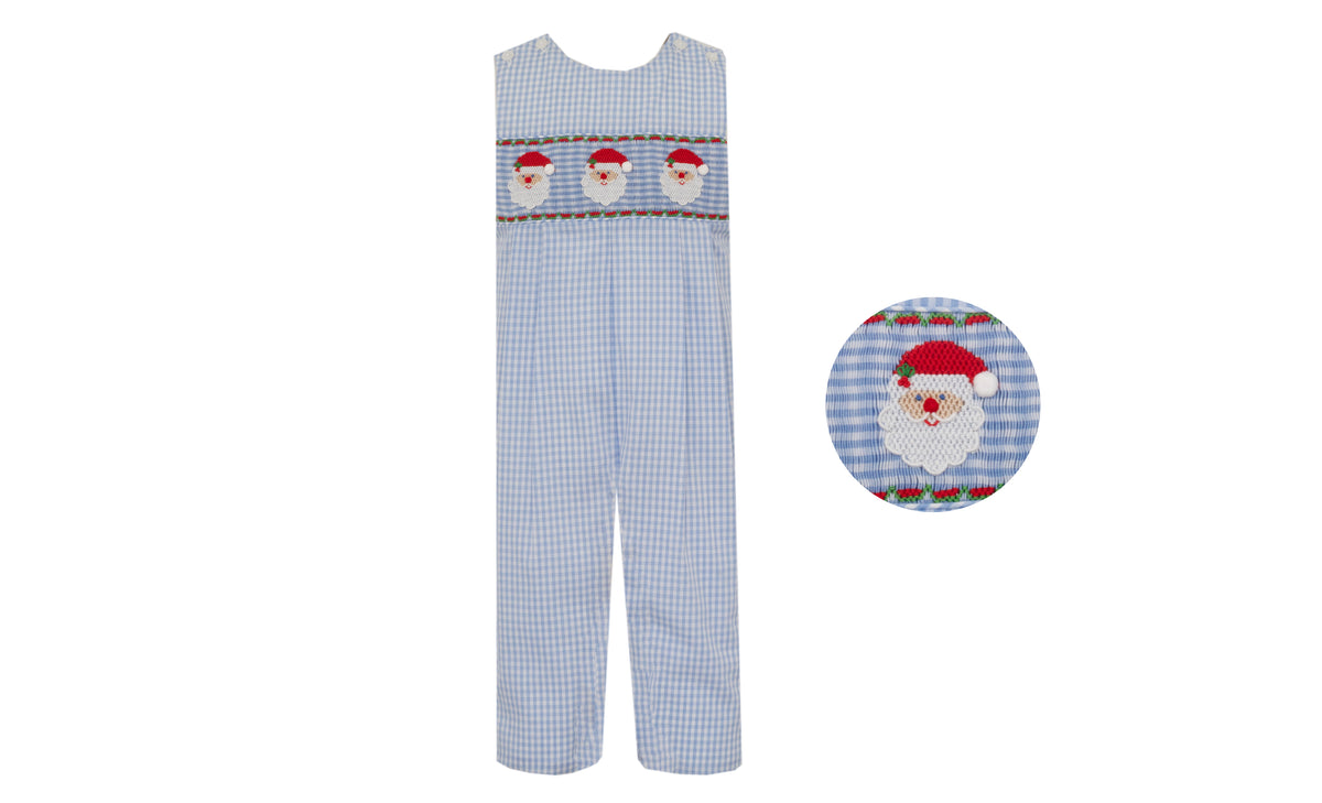 Children's blue checkered romper with Santa face design on a white background