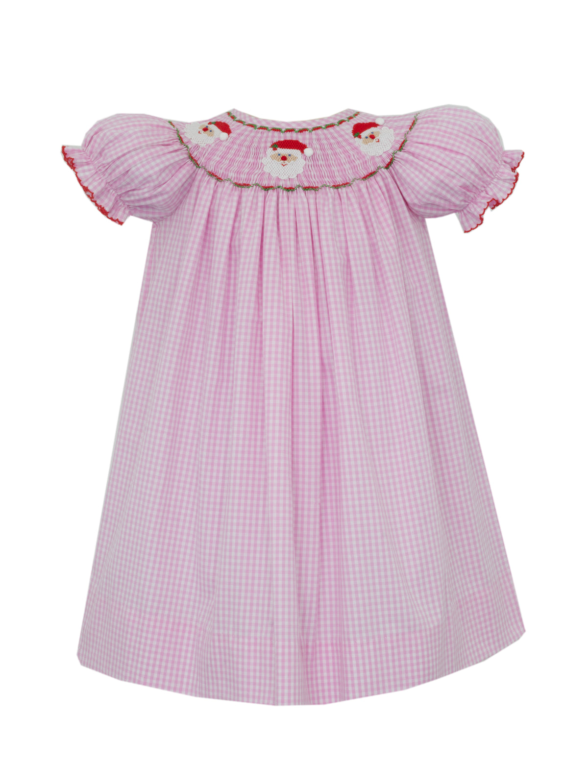 Pink checkered dress with ruffled sleeves on a white background