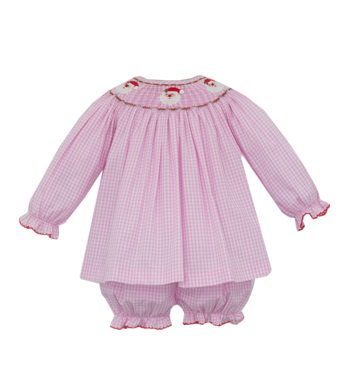 Pink checkered baby outfit with long-sleeve top and bloomers on a white background