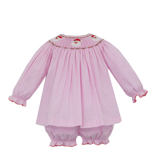 Pink checkered baby outfit with long-sleeve top and bloomers on a white background