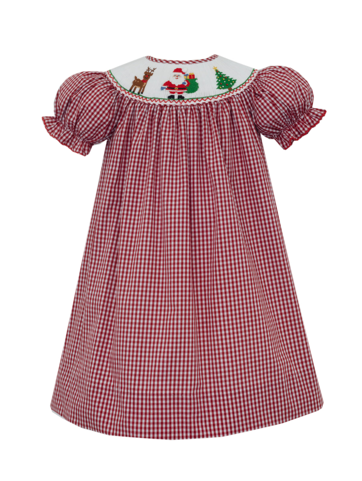 Red and white checkered dress with Christmas-themed embroidery on a white background