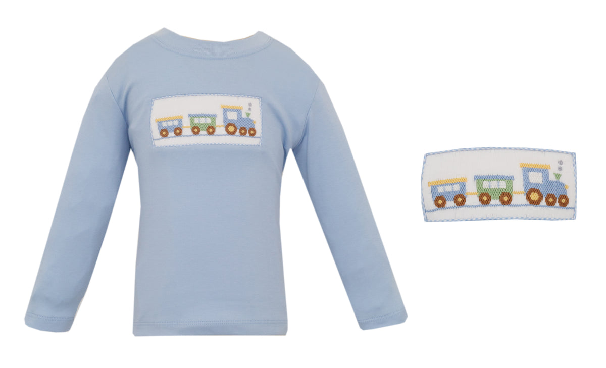 Blue long-sleeve shirt with train design on a white background
