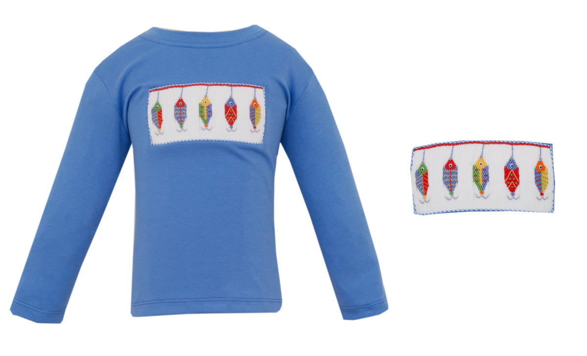 Blue long-sleeve shirt with colorful embroidered design on a white background