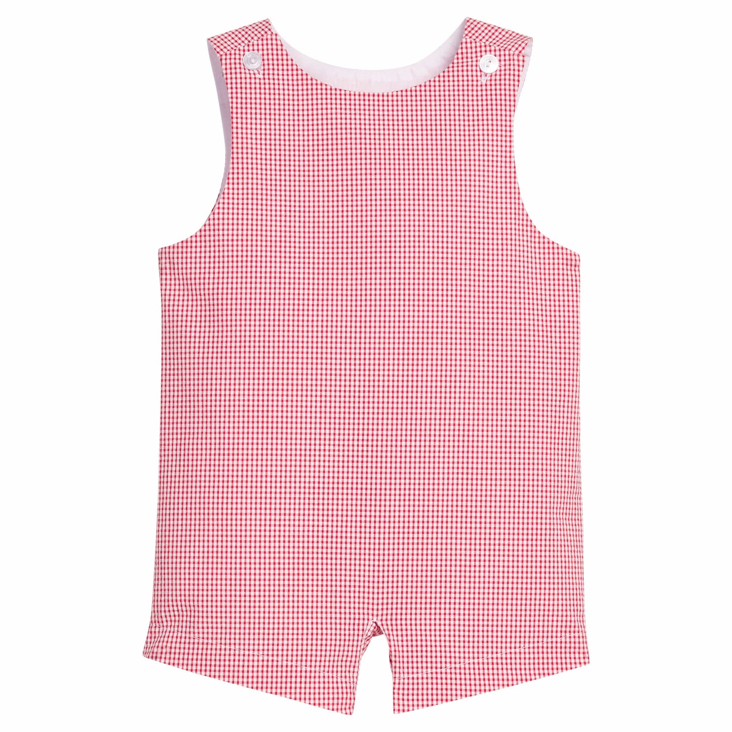 Little English traditional children's clothing.  Classic john john for toddler boys in red seersucker gingham