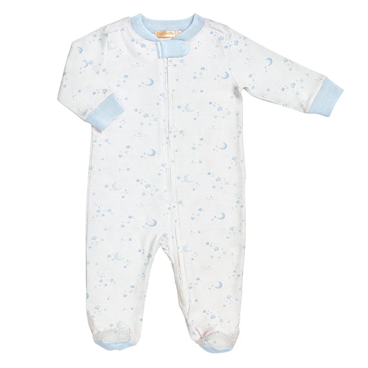 Baby onesie with blue accents on a white background