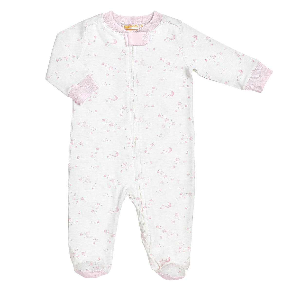 White baby onesie with pink accents and subtle pattern on a white background