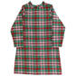 Plaid dress with green, red, and white pattern on a white background
