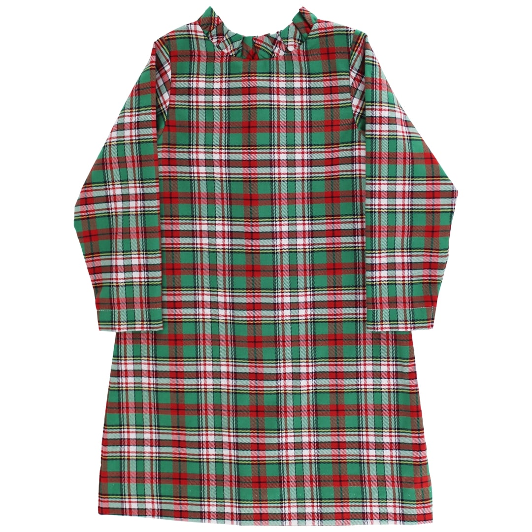 Plaid dress with green, red, and white pattern on a white background