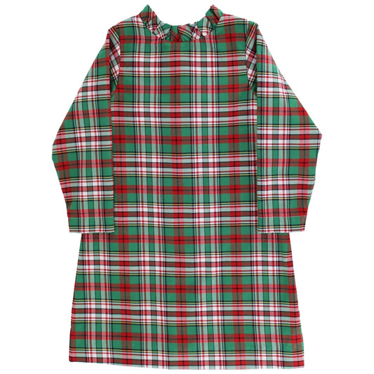 Plaid dress with green, red, and white pattern on a white background