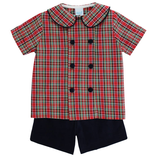 Red plaid shirt with black buttons and black shorts on a white background
