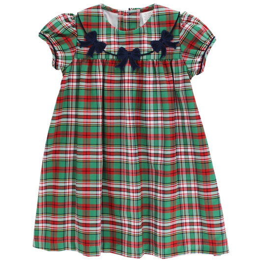 Plaid dress with navy blue accents on a white background