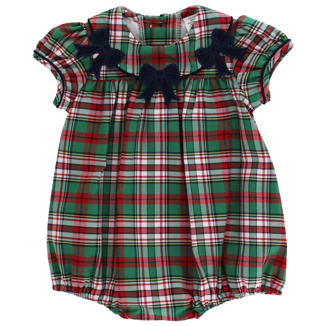 Plaid baby romper with navy bows on a white background