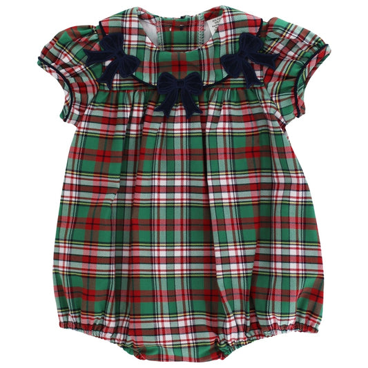 Plaid baby romper with navy bows on a white background