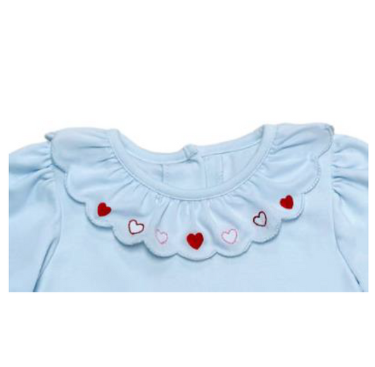 Heart Embroidered Scalloped Collar Blue Knit Bubble