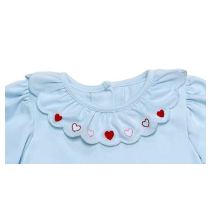 Heart Embroidered Scalloped Collar Blue Knit Blouse