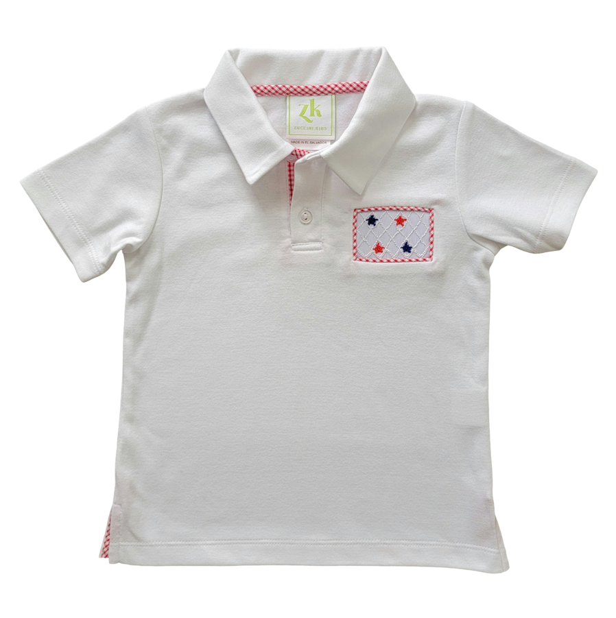 Stars Smocked Short Sleeve White Polo