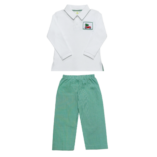 Christmas Smocked Car Polo & Green Gingham Pant Set