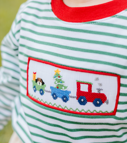 Christmas Train Smocked Green Striped Long Sleeve T-Shirt