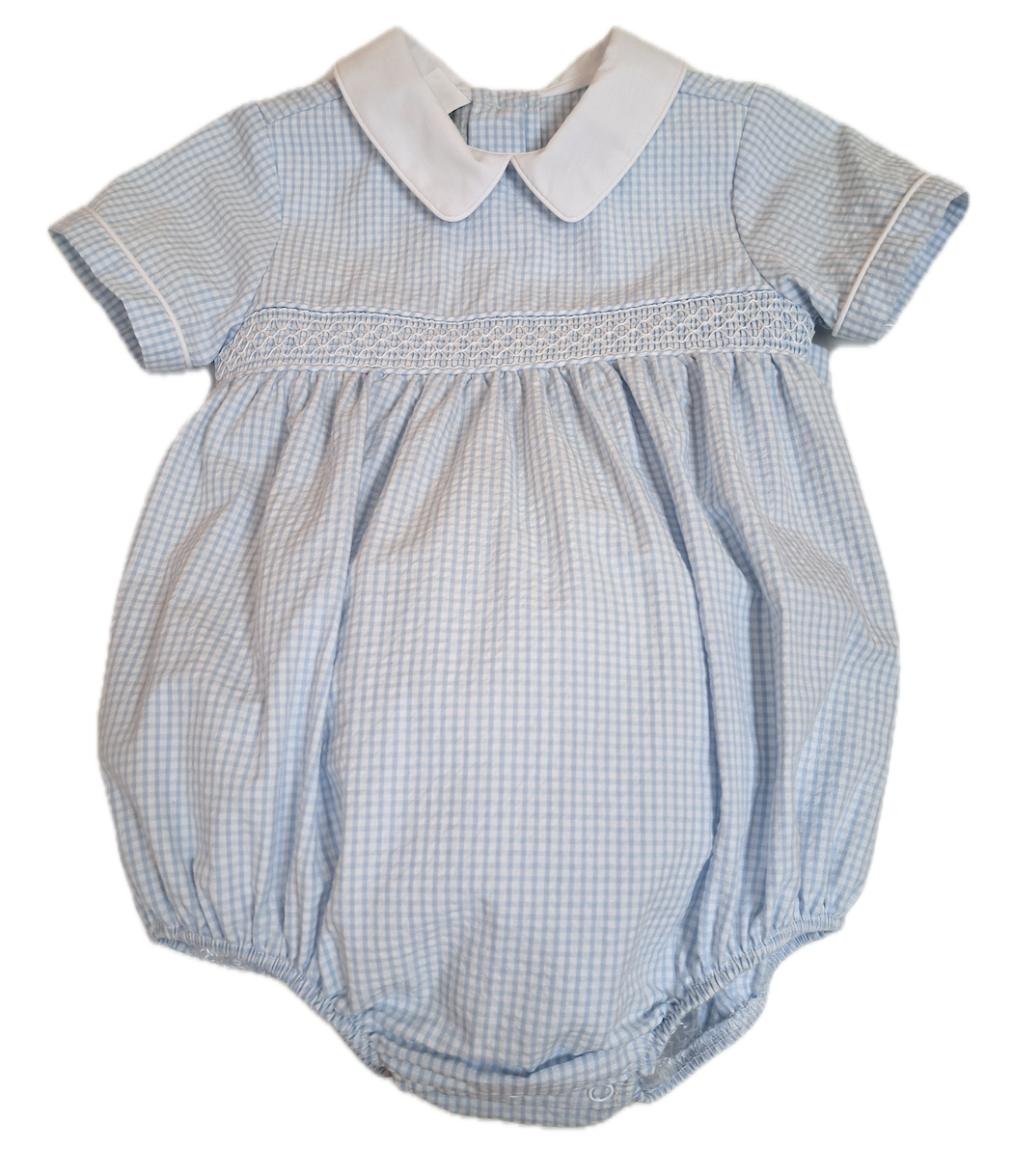 Boy's Blue Check Smocked Bubble