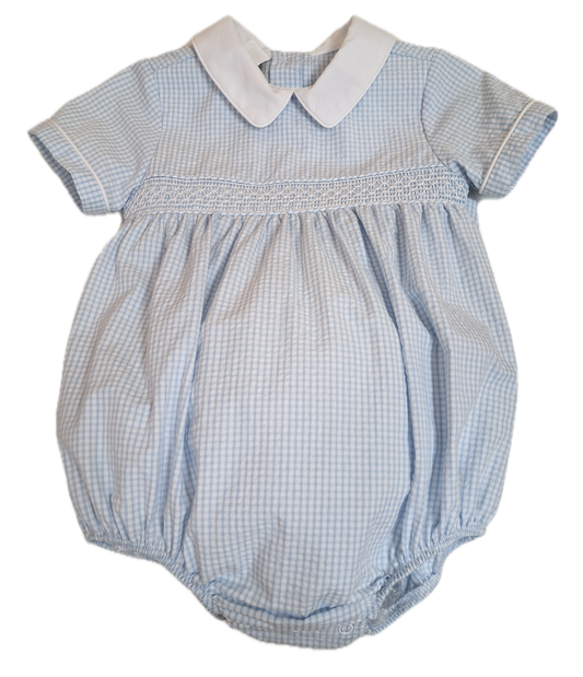 Boy's Blue Check Smocked Bubble